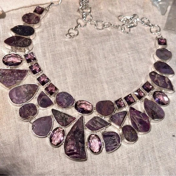 Beautiful Rough Amethyst + Polished Amethyst statement cluster necklace